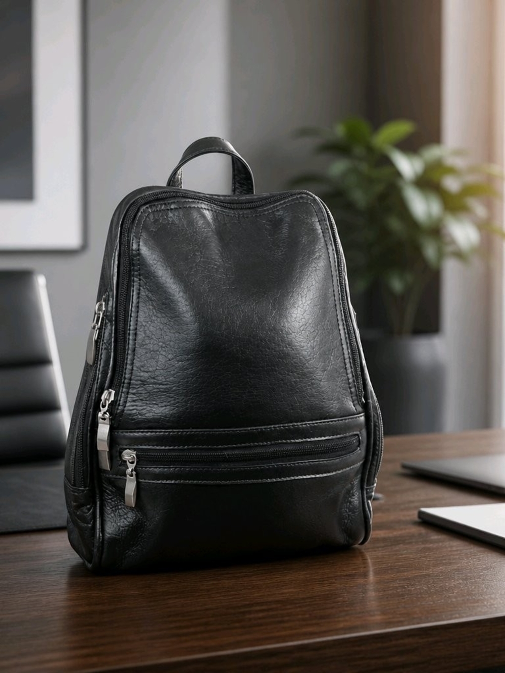 Unisex Vintage Queros Black Leather Compact Backpack